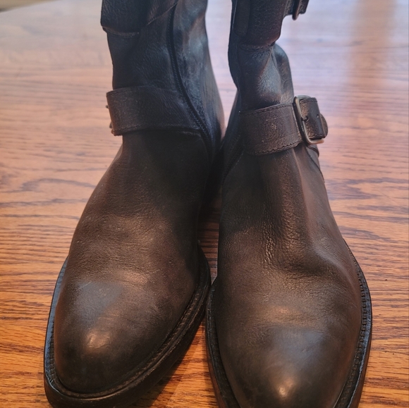 Rezzo Distressed Black White Genuine Leather Moto Combat Shoes Tall Boots - Picture 6 of 14